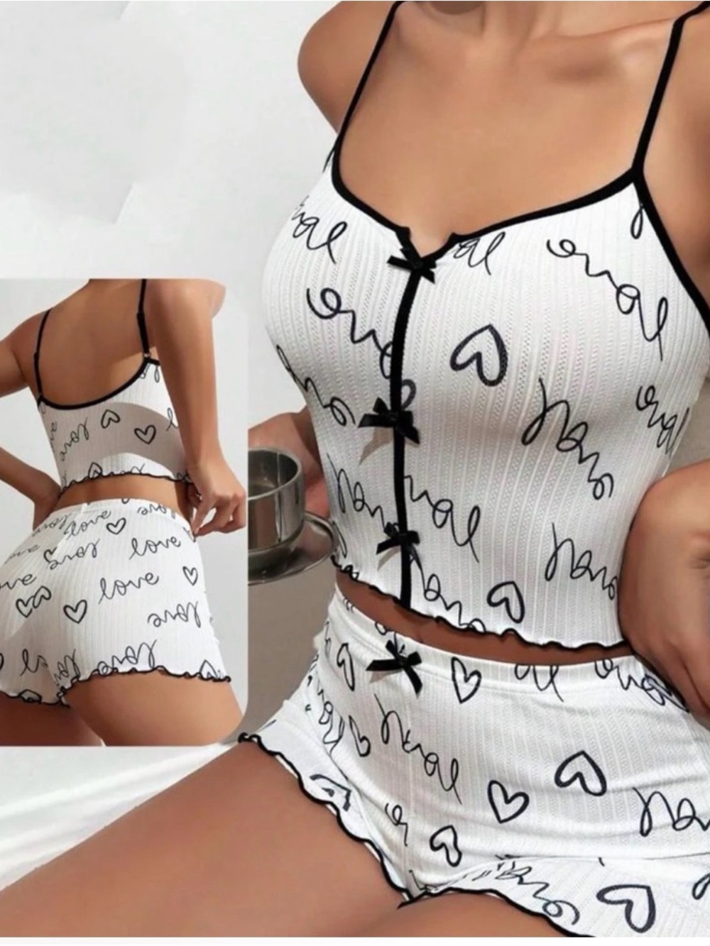 White & Black 'Love' Heart Cami and Short Sleep Set